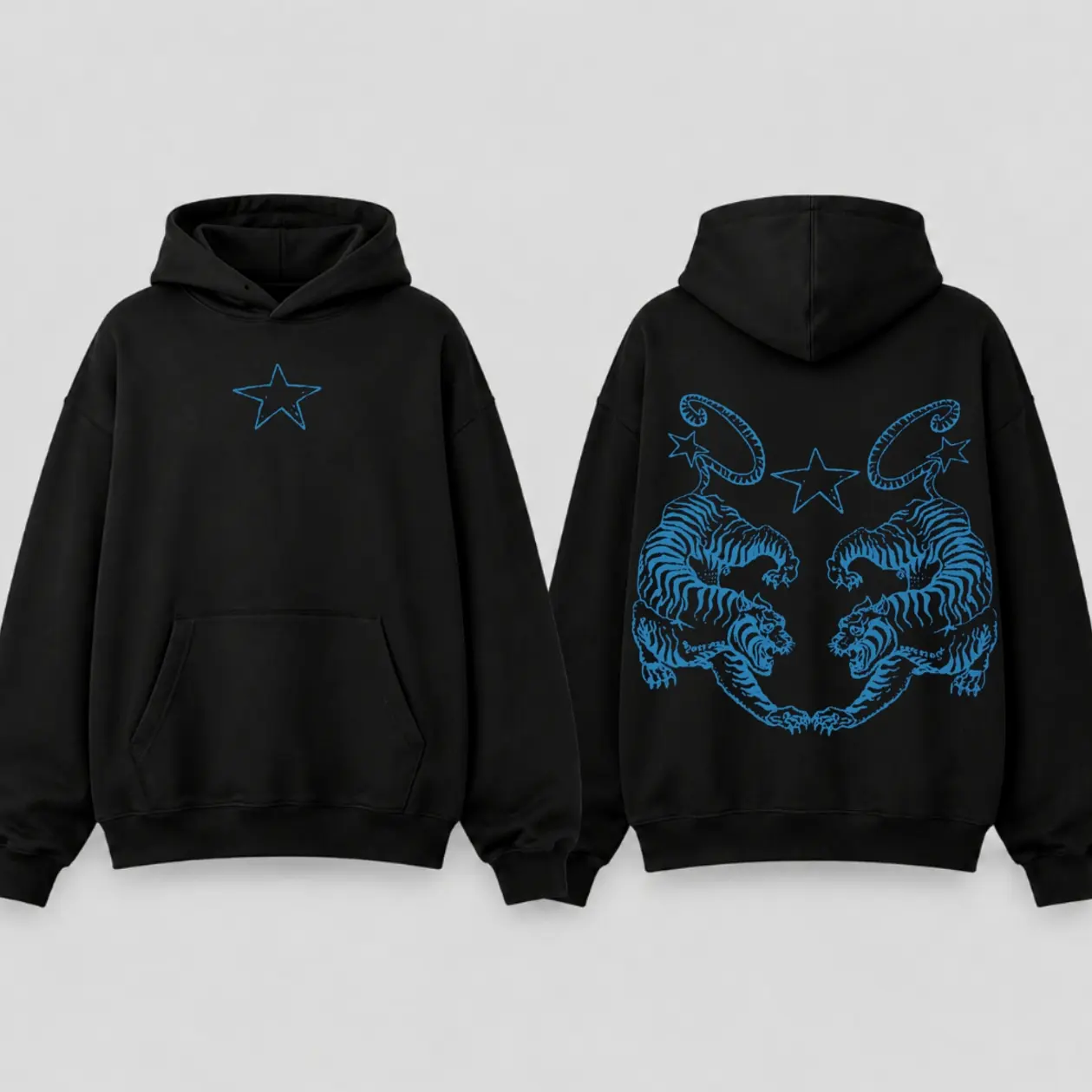 2-Sided Traditional Oriental Dual Tigers Hoodie, Vintage Tiger Graphic Hoodie, Asian-Inspired Large Print Pullover, Retro Streetwear, Unisex Gift For Men Women