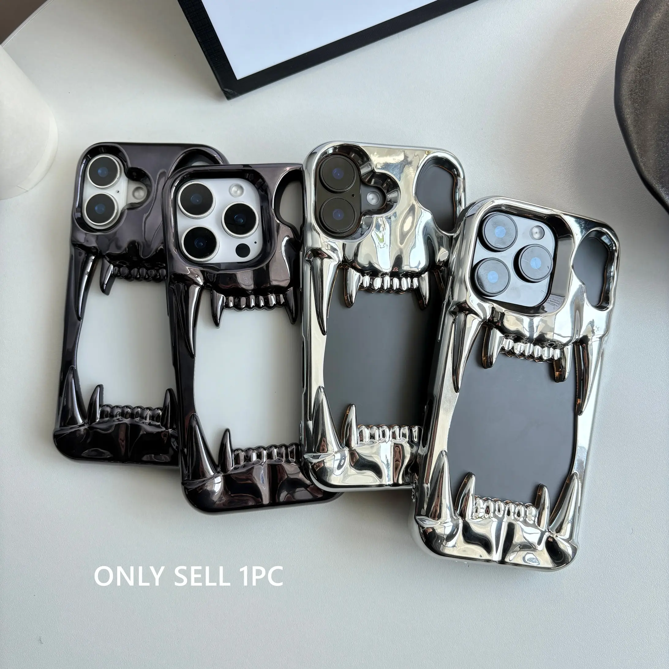 Electroplated Silver Black Skull Tusk Metallic Glossy Hollow Heat Dissipation Soft Protective Shockproof Phone Case Cover for iPhone 13 14 15 Pro Max, Protective Cellphone Cover