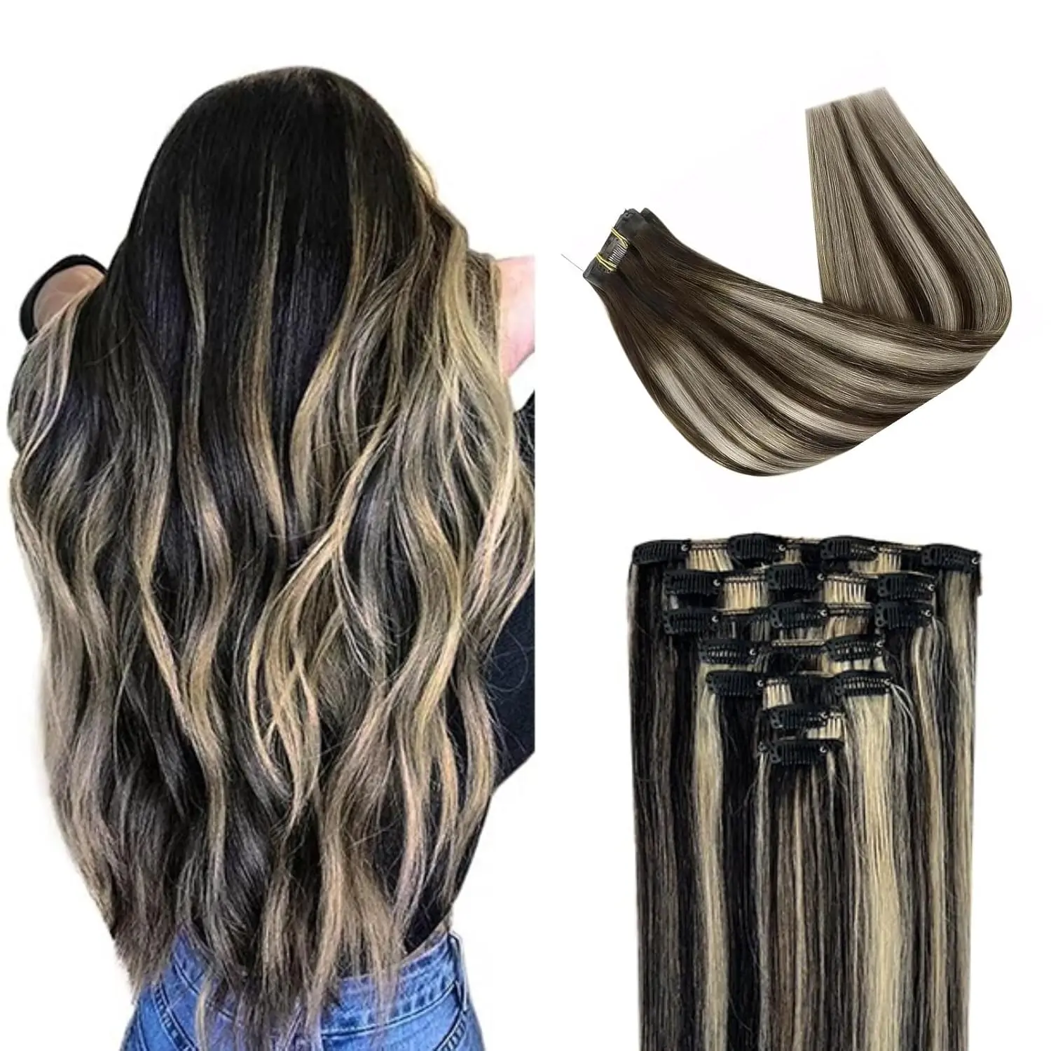 HC Clip-in Real Human Hair Extensions, Glueless Hair Replacement, Colored Black Mix Blonde, Invisible & Scalp-Friendly, 7Pcs 4.23oz, Colored Hair Extensions