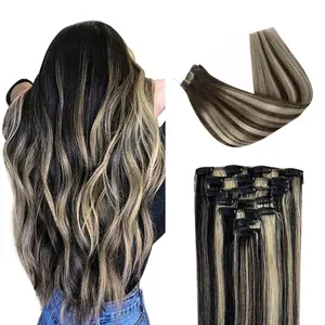 HC Clip in Hair Extensions Real Human Hair,Invisible & Scalp-Friendly, Black Mix Blonde,7Pcs 4.23oz