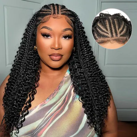 13X6 HD Lace Frontal Half Braided Curly Wigs Synthetic Half-Cornrows Half-Curly Wig with Baby Hair Pre Styled Braid Wigs,18Inch