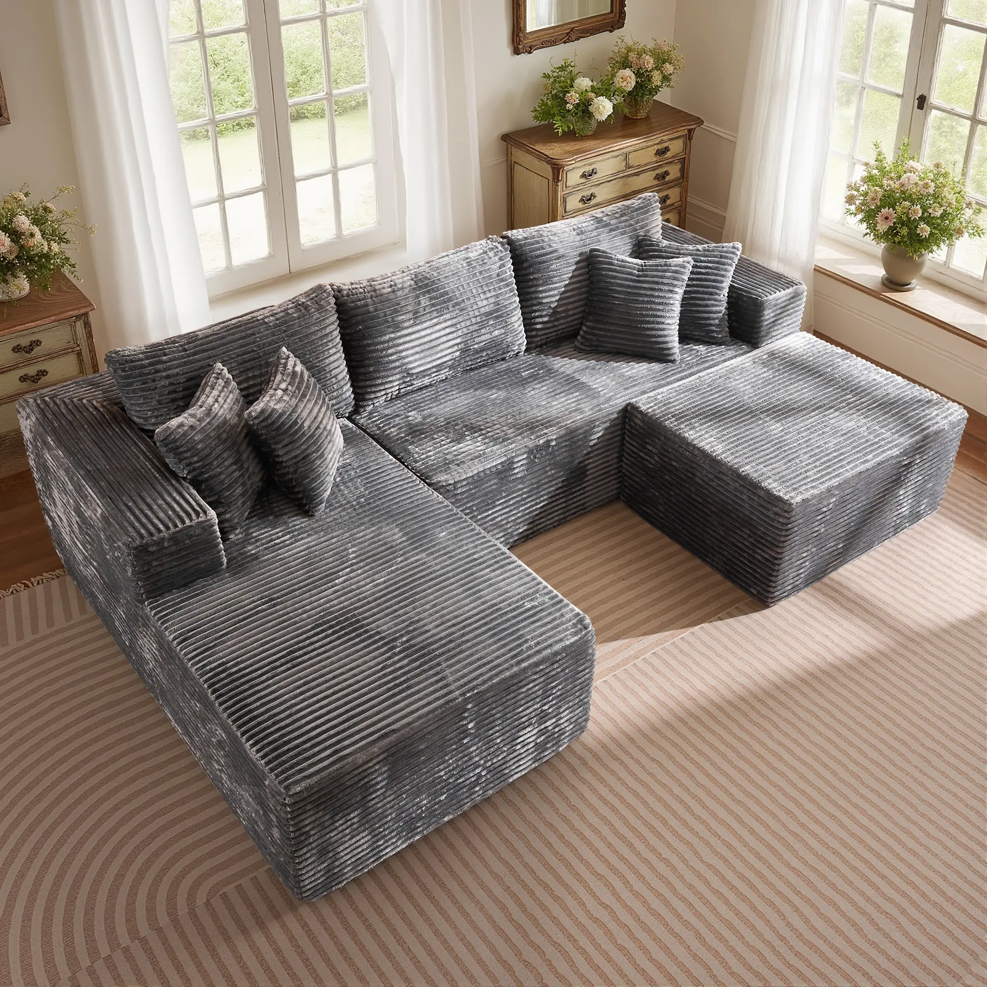 CAODOC 108" Modular Sectional Sofa Cloud Couch With Ottoman, Corduroy Memory Foam Sectional Couches for Living Room, Modern Deep Seat Boneless Sofa, F