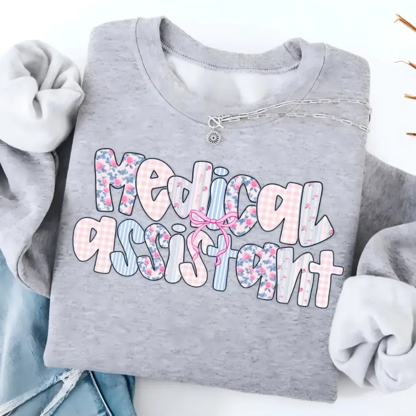 Medical Assistant Sweatshirt, Cute Floral Coquette MA Shirt, Healthcare Worker Graphic Tee, Nurse Support Staff Pullover, Pastel Medical Office Outfit, Appreciation Gift for Medical Assistant, Clinic Hospital Work Top