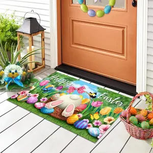 Happy Easter Door Mat, Garden Style Welcome Rug, Decorative rug, Rabbit Easter Egg Colorful Home Design, Indoor and outdoor spring floor mats, Soft comfortable and washable, Suitable for doorways, bedrooms, A great Easter gift or decor