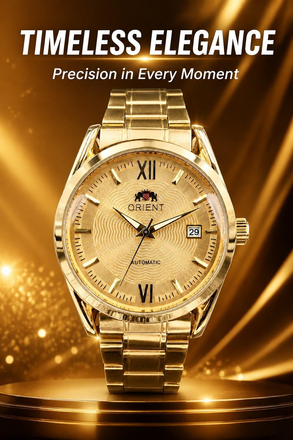 Orient Full Gold Automatic Mechanical Men's Watch - Gold Stainless Steel Strap, Textured Golden Dial with Roman Numerals & Date Window, Self-Winding Waterproof Business Dress Watch, Luxury Timepiece, Ideal Birthday Gift for Gentlemen