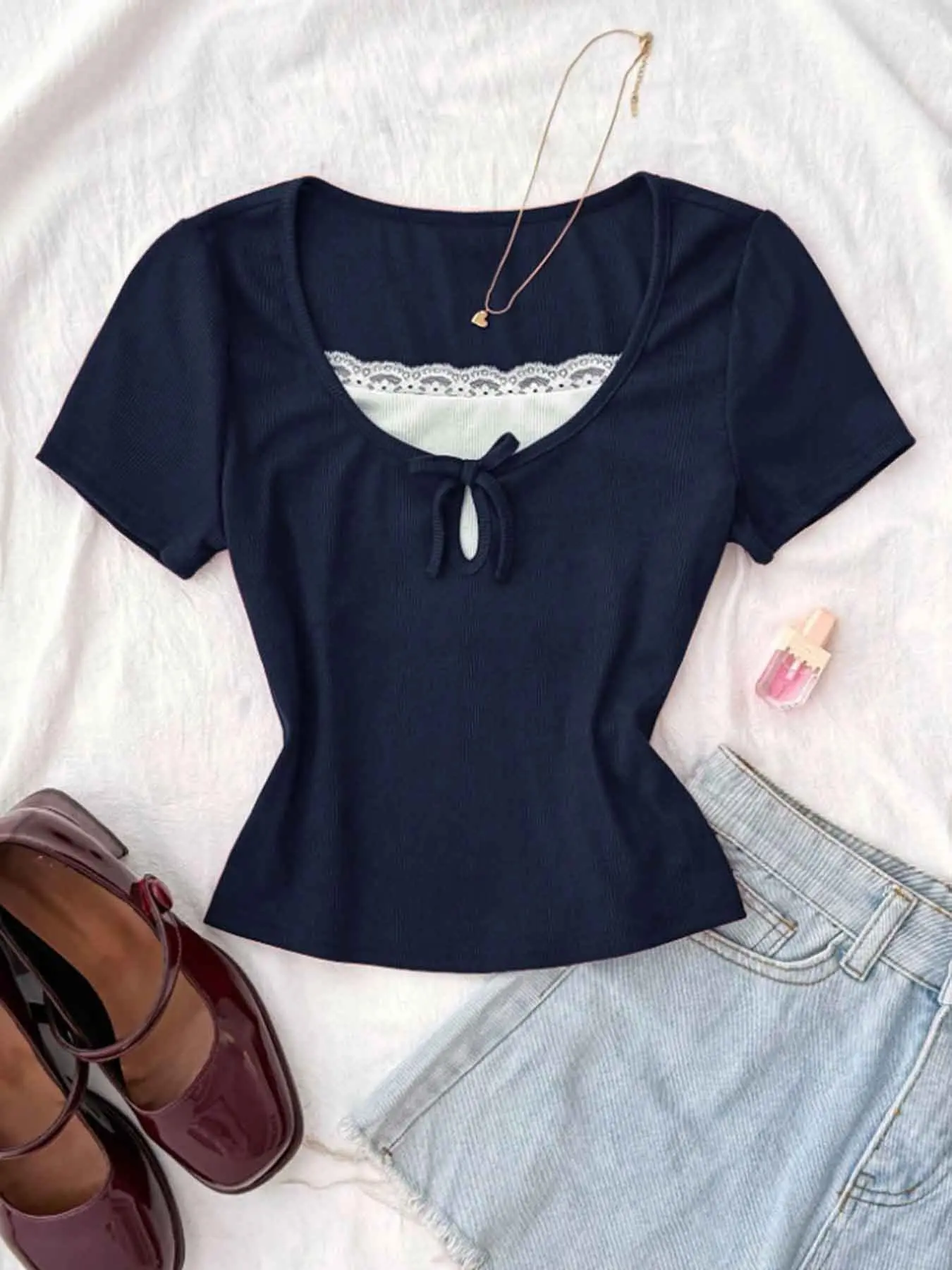 Fashion Teenage Knitted Lace Patchwork Collar Short Sleeve Top, Casual Daily Tops, Casual Everyday Comfort Elegant Versatile, Girls' Youth Clothing, Elegance