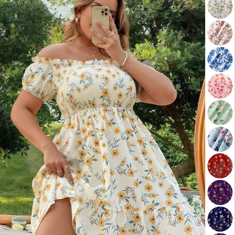 Plus Size Floral Print Off Shoulder A Line Dress, Boho Romantic Shirred Ruffle Hem Dress for Beach Vacation Holiday, Women's Plus Clothes for Summer Casual