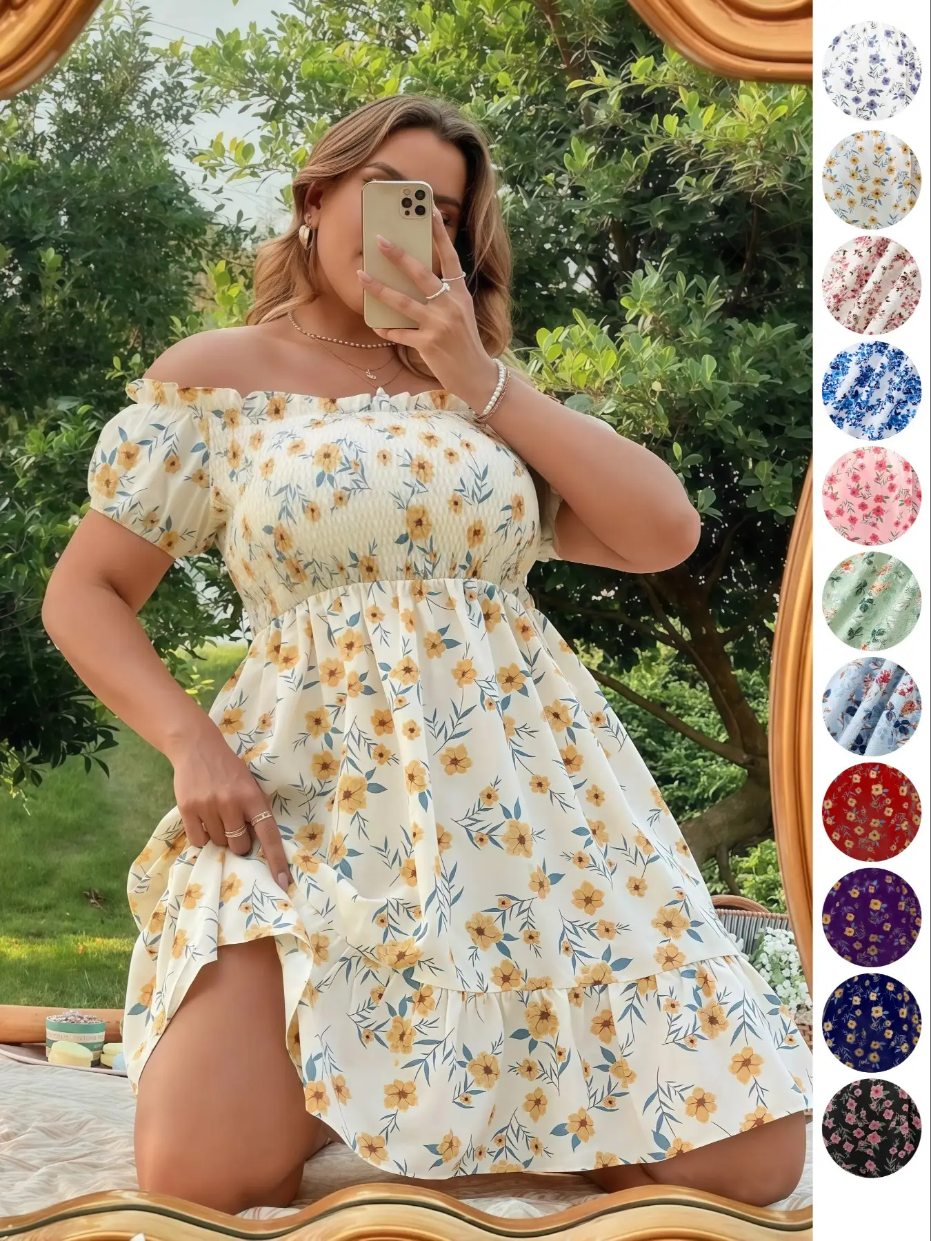 Plus Size Floral Print Off Shoulder A Line Dress, Boho Romantic Shirred Ruffle Hem Dress for Beach Vacation Holiday, Women's Plus Clothes for Summer