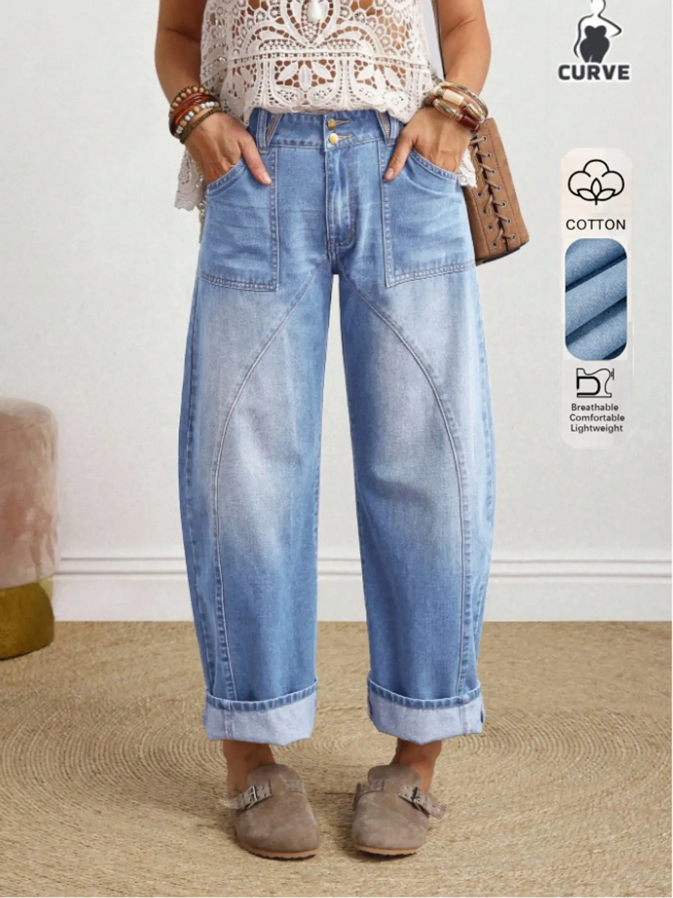 Women's Plus Size Patchwork Knife Edge Underwater Nine-Part Denim Pants Jeans, Fashion Everyday Casual Commuter Versatile, Stylish and Comfortable, Bottoms