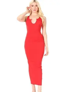 Simple Everyday Fitted V-Neck Maxi Dress Casual Sleeveless red