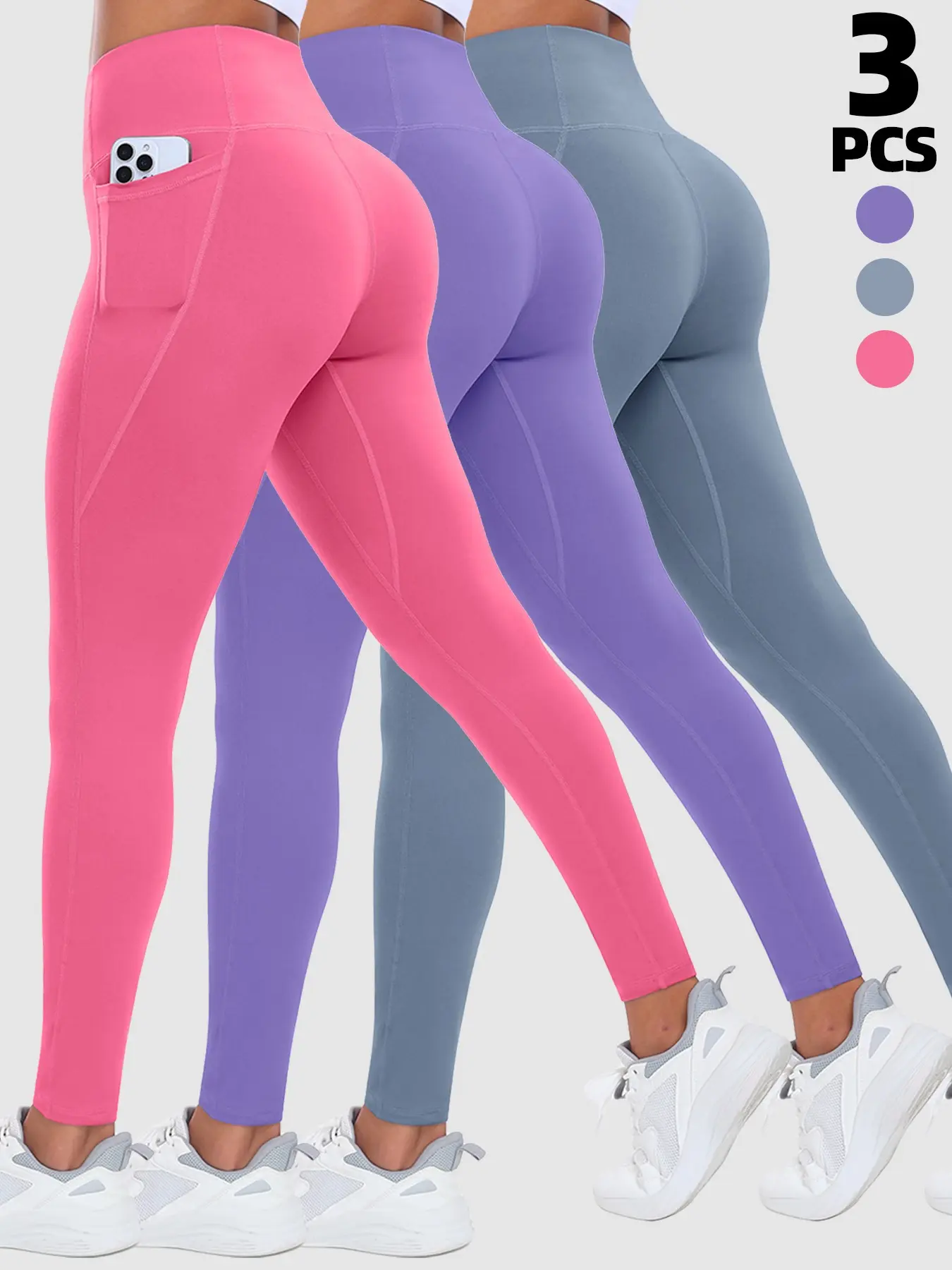 3-Pack Women's High-Waisted Stretchy Breathable Bottoms, High Waist Sportswear, Casual Slim-Fit Plain Pockets, All-Season Daily Wear, Cycling & Commute Friendly, High Waist Leggings with Pockets