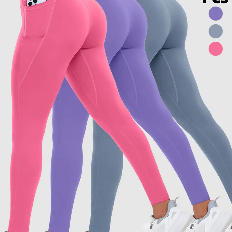 3-Pack Women's High-Waisted Stretchy Breathable Bottoms, Activewear, Casual Slim-Fit with Pockets, All-Season Daily Wear, Yoga Bottoms, Cycling & Commute Friendly Leggings