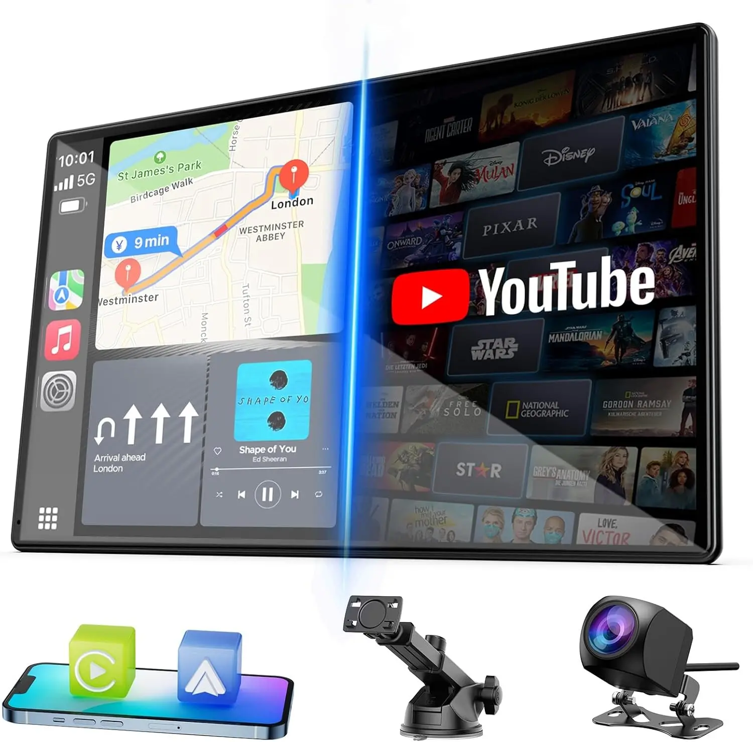 OMNIRA CO 9" Wireless CarPlay Screen with Netflix & YouTube, Portable Apple Carplay & Android Auto Display, 1080P Backup Camera, Bluetooth Navigation, Siri, Google Assistant, Dash Mount for All Cars