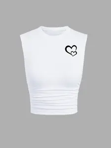 Women's Sleeveless Trendy Heart Print T-Shirt, Y2K Style, Slim-Fitting Fashion Top, Perfect for Outdoor Play, All Seasons Wear
