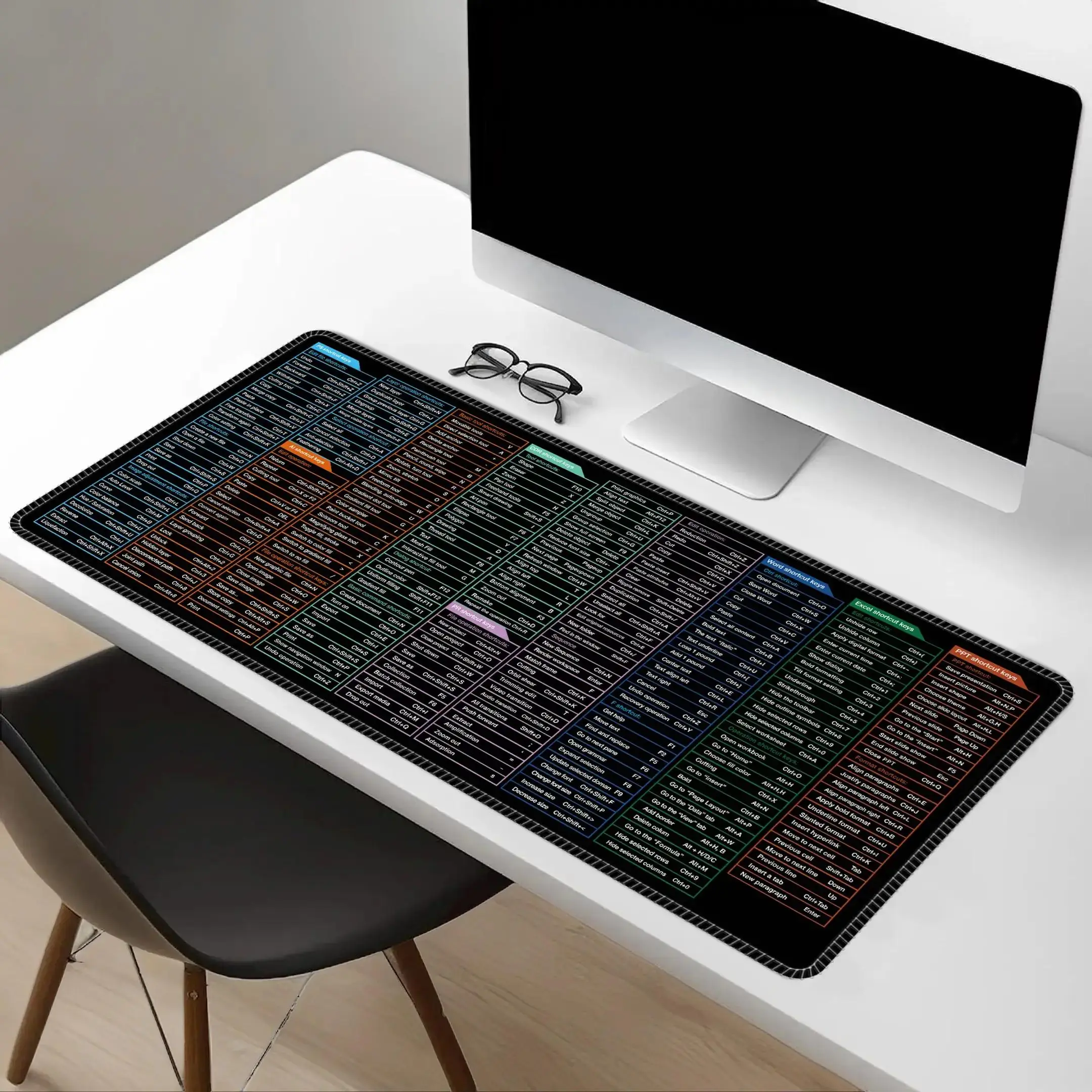 Shortcut Keys Print Desk Mat for Work, 1 Count Washable Gaming Mouse Pad, Non-slip Rubber Desk Pad for Home Office, Work Accessories