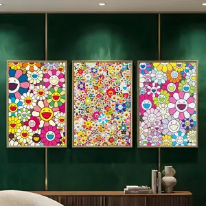 Art T-Takashi Flowers M-Murakami Painting Calligraphy HD Heavy-Duty Waterproof Wrinkle-Resistant Canvas Print – Tool-Free Durable Hides Wall Flaws & Boosts Style for Living Rooms Bathrooms