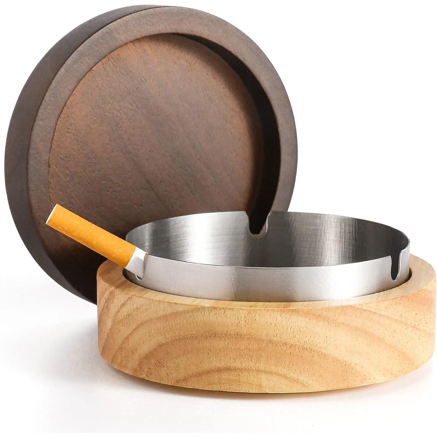 Cute Ashtrays for Cigarettes Ash Tray with Lid Wooden Ashtray with Stainless Steel Portable Decorative Ashtray Windproof Ashtray for Home,Patio,Office,Outdoors,Indoor,Parties