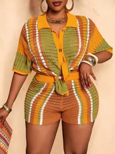 Women's Colorblock Print Knitted Button Fly Short Sleeve Top & Shorts Two-Piece Set, Aesthetic Casual Short Sleeve Collared Top & Shorts for Summer, Ladies Clothes for Daily Wear
