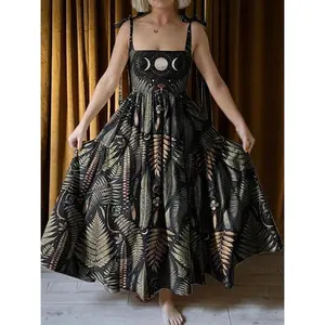 Dark Fern in the Moon Night Printed Halter Midi Dress