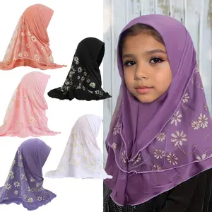 Patchwork Mesh Cute Flower Design Veil Headdress 3-8 Years Old Girls Soft Scarf Scarf Cover Ethnic Headdress Scarf Islamic Muslim Malay Veil Shawl Girls Youngsters Scarf Headscarf