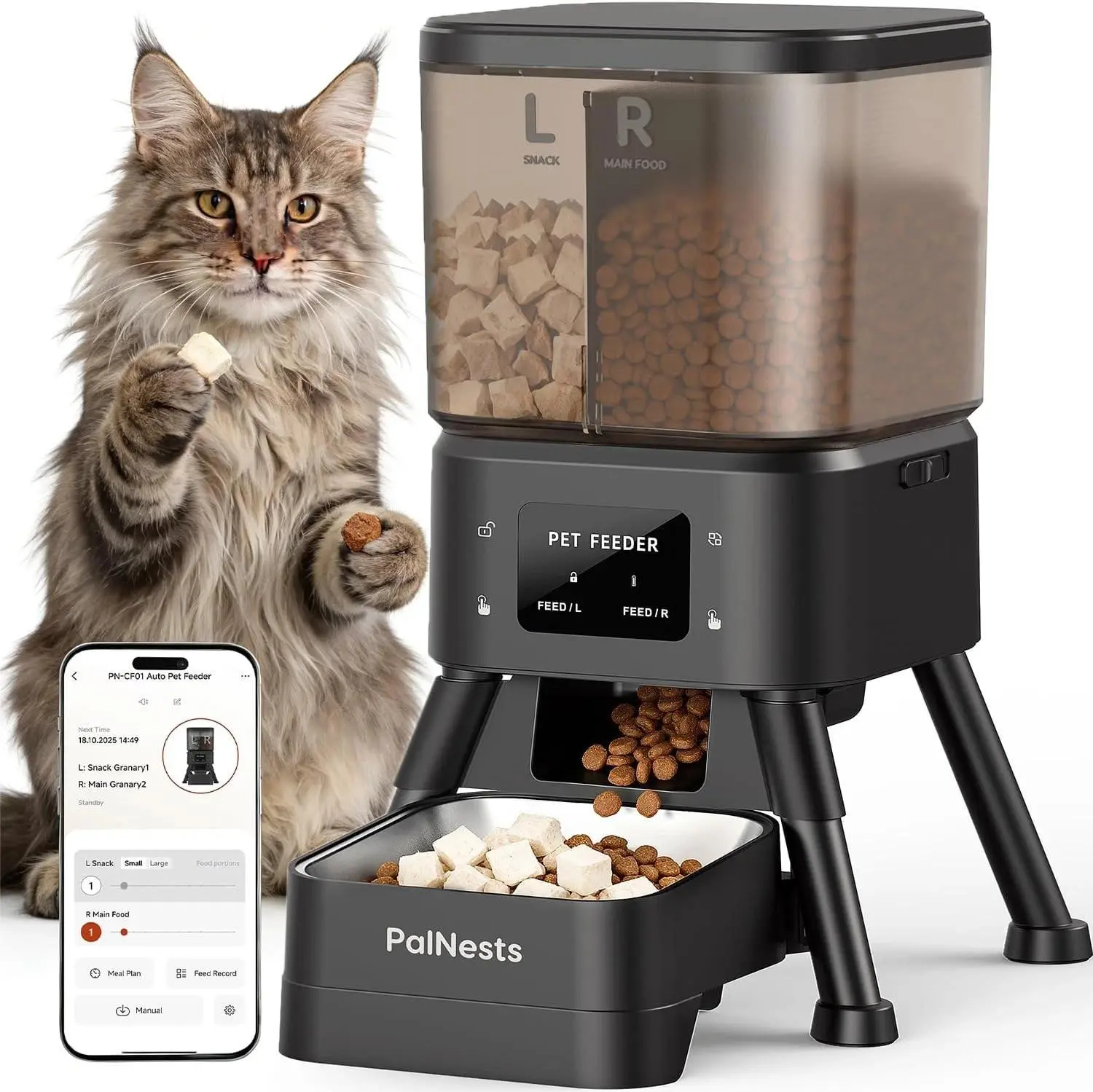 Dual Chamber Automatic Cat Feeder with Auto Feed, Stainless Steel Components, Smart WiFi Control, 2.4&5G WiFi Pet Food Dispenser