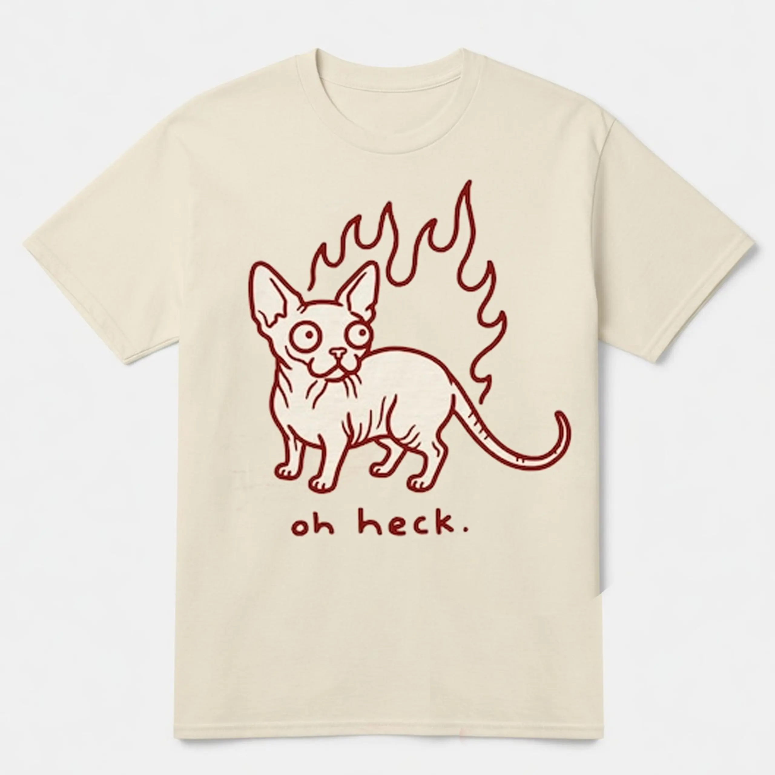 Oh Heck Sphynx Cat On Fire T-Shirt, Funny Hairless Cat Flame Meme Graphic Tee, Relatable Chaos Cream Unisex Cotton Shirt