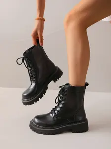New Thick Sole Lace-Up Boots for Women, Street Style Cool Look, PU Leather, Rubber Sole, Spring & Fall Fashion