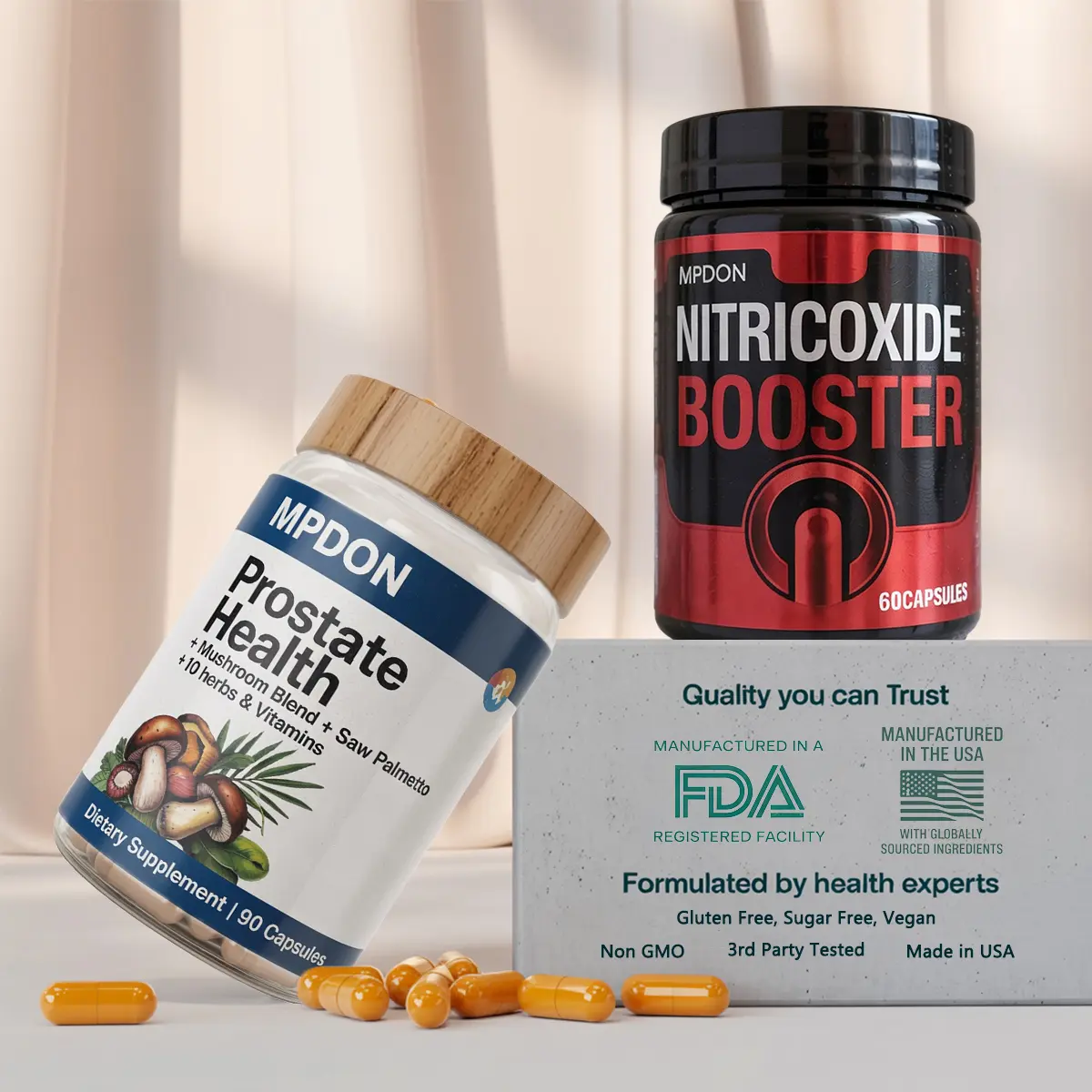 MPDON Men's Ultimate Dietary Supplement Bundle - 60ct Nitric Oxide Booster, Sugar-Free Gluten-Free Natural Capsules for Prostate Health, Circulation Boost, Mens Health Matters Support