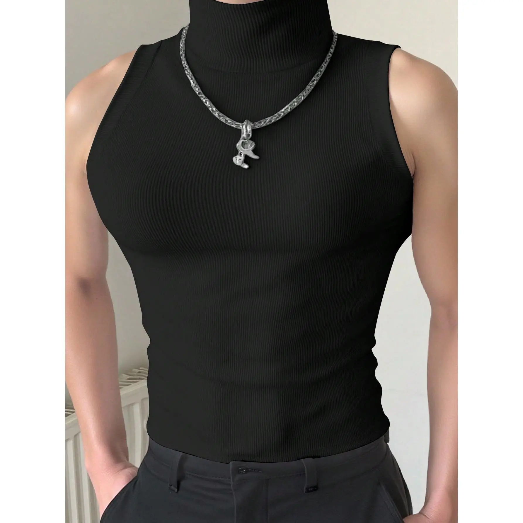 Men's Mock Neck Rib-Knit Slim Fit Sleeveless Undershirt - High Neck Solid Tank Top for Evening Club, Party Wear - Pair with Sneakers (Baggy Option Available), Jeans, Mens Going Out Tops, Machine Washable, Street‑Ready Underfit