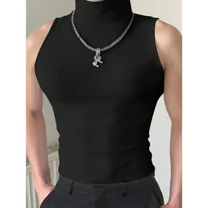 Men's Rib Knit Mock Neck Sleeveless Tank Top, Casual Streetwear Undershirt