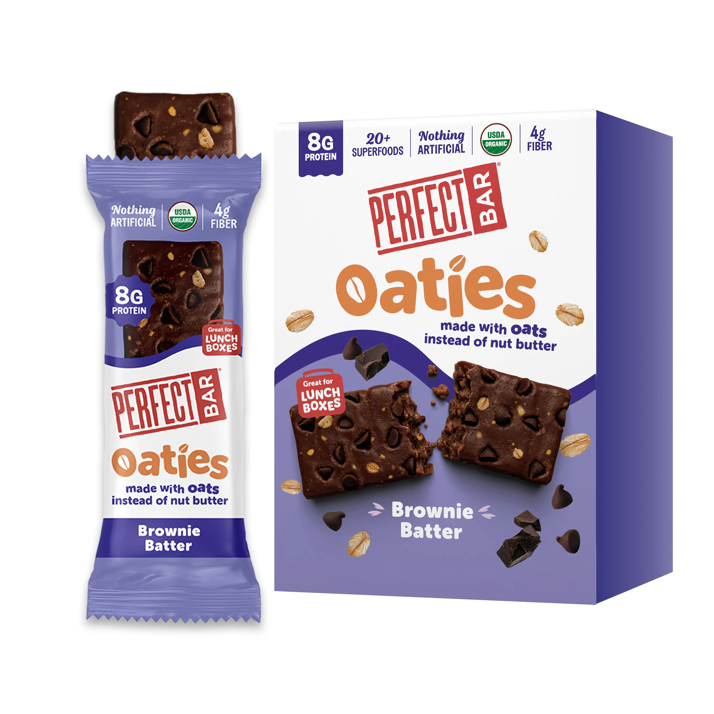 Perfect Bar Oaties Refrigerated Protein Bars, Brownie Batter, Oat-Based Lunch Box Snacks, 8g Protein, 20+ Superfoods, Kids & Adults, 1.83 oz bars, 12 count