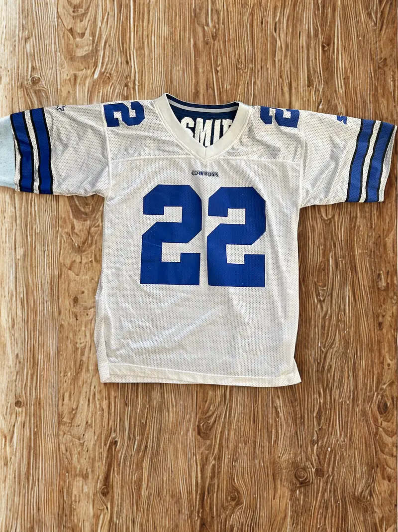 Iconic 90s Vintage Dallas Cowboys Emmitt Smith #22 Starter Jersey - White/Blue Mesh (Size 48/L)
