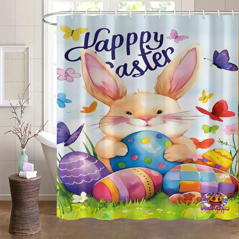 Easter Bunny and Egg Shower Curtain Set, Includes Curtains, Toilet Seat Cover, 4-Piece Bathroom Decor, Holiday Style