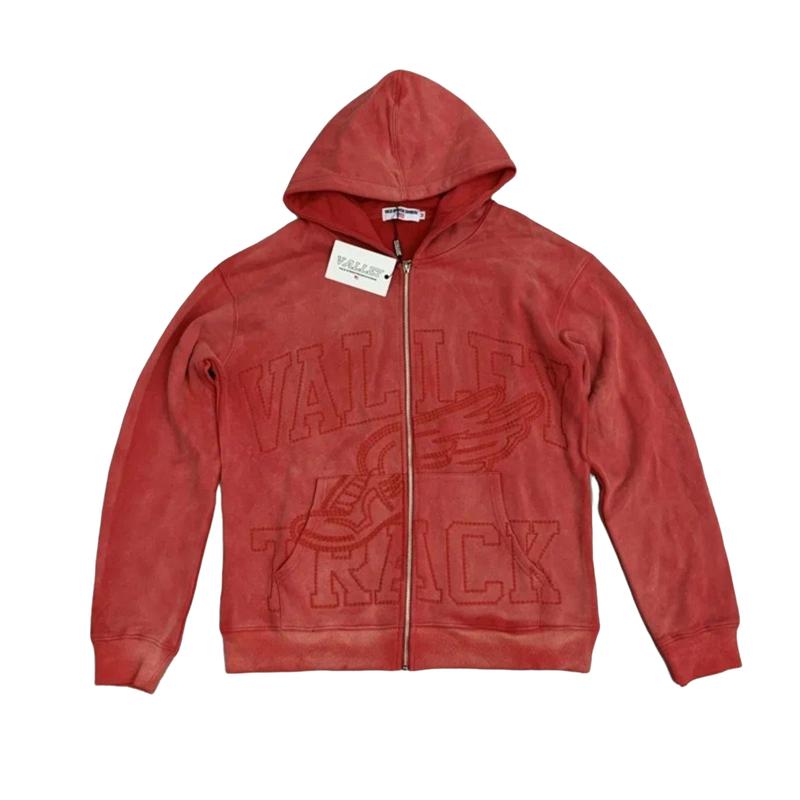 Ebb Supply Red Washed VALLEY Oversized Hoodies Men Women American Pure Cotton Vale Embroidered Logo Zip Jackets Casual Outerwear