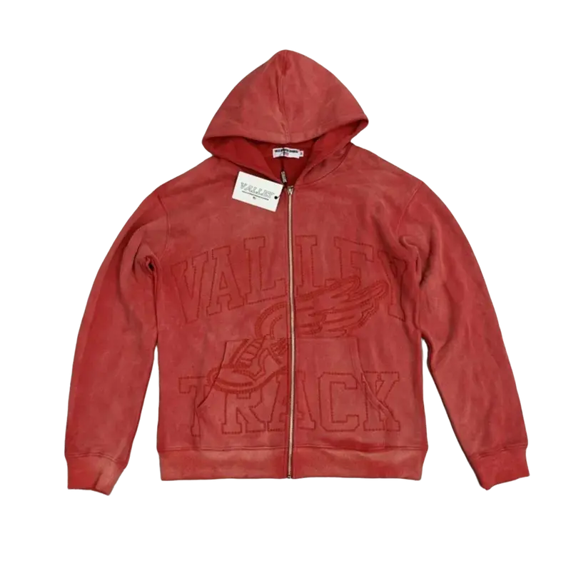 Ebb Supply Red Washed VALLEY Oversized Hoodies Men Women American Pure Cotton Vale Embroidered Logo Zip Jackets Casual Outerwear