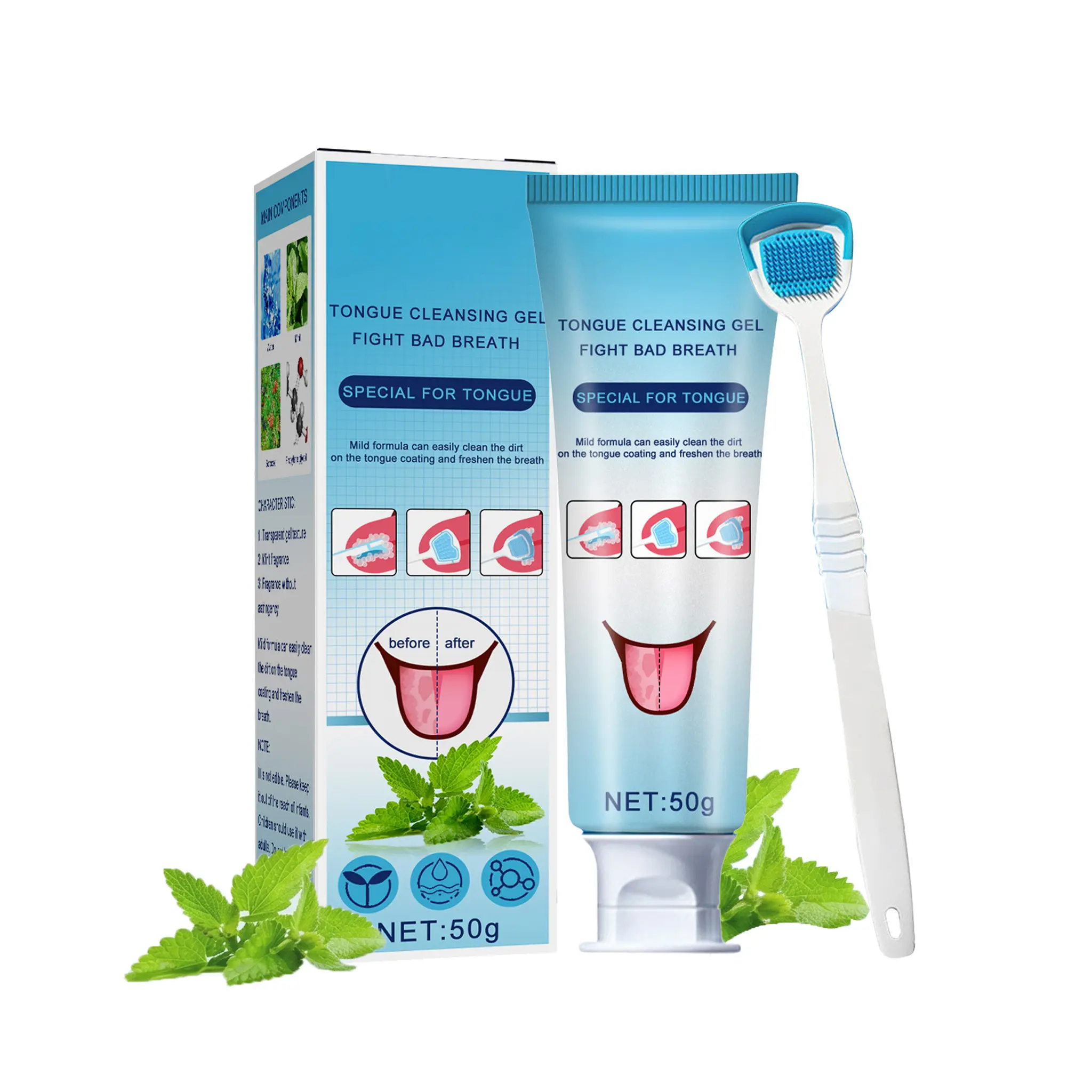 Tongue Cleaning Gel & Tongue Brush, for Cleaner Mouth Reduce Bad Breath, Gentle Oral Care Tool, Tongue Cleaner