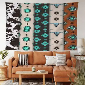 Western Nomad Patchwork Tapestry Brings Wild and Free Vibes to Any Space. Features Cow Print, Geometric Totems, and Cow Skull Elements with Brown and Turquoise Tones. HD Digital Print Keeps Colors Rich. Perfect for Living Room, Bedroom, or Entryway.