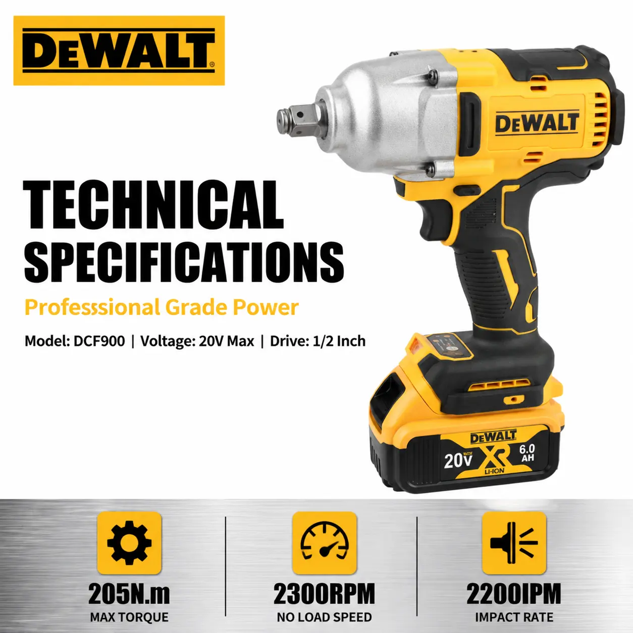 DEWALT DCF900 1/2" Impact Wrench Kit! detachable tire high torque  Brushless motor 6.0Ah battery + charger included. Tears through rusted bolts, wheel lugs & heavy equipment  Perfect for automotive, truck maintenance & construction sites. big tool,outdoor