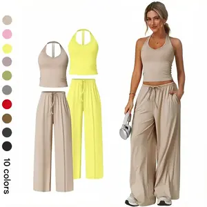 omen's 2-Piece Fitted Polyester-Silk Summervibe Sweatsuit Set - Feminine Adjustable V-Neck Strappy Top & Wide Leg Pants, Cooling Quick-Drying Breathable Figure-Flattering Style, Workout Running Clothes for Holiday Travel & Gym,summervibes