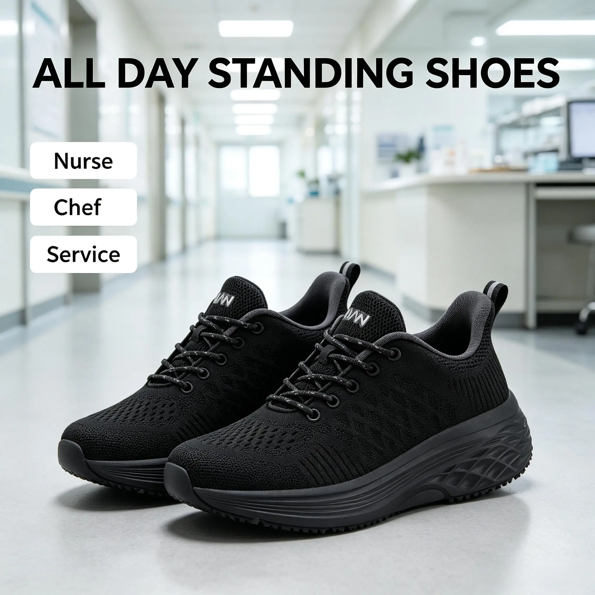 Women’s black food service work shoes, oil-resistant lightweight athletic sneakers with anti-slip support for the foot arch, suitable for restaurant back-of-house staff.