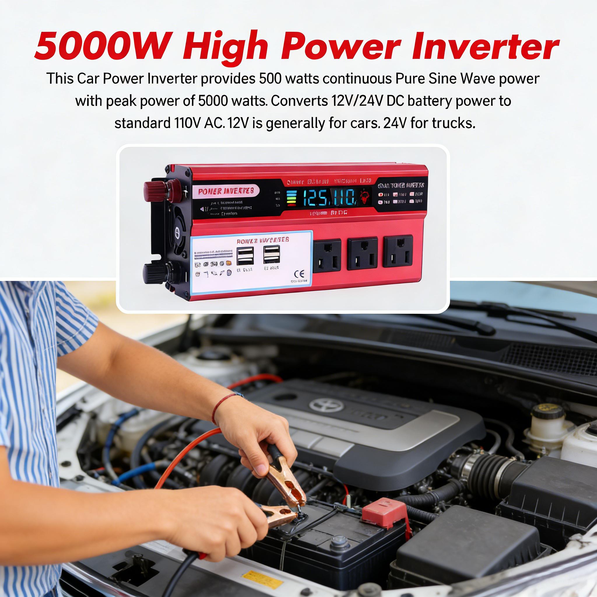 Off Grid Solar Pure Sine Inverter 5000W 12V to 24V 4000W Surge Dual AC Outlets USB Hardwire Remote for RV Truck Camping Power System Stable Voltage Converter for Vehicle Solar Backup & Outdoor Use