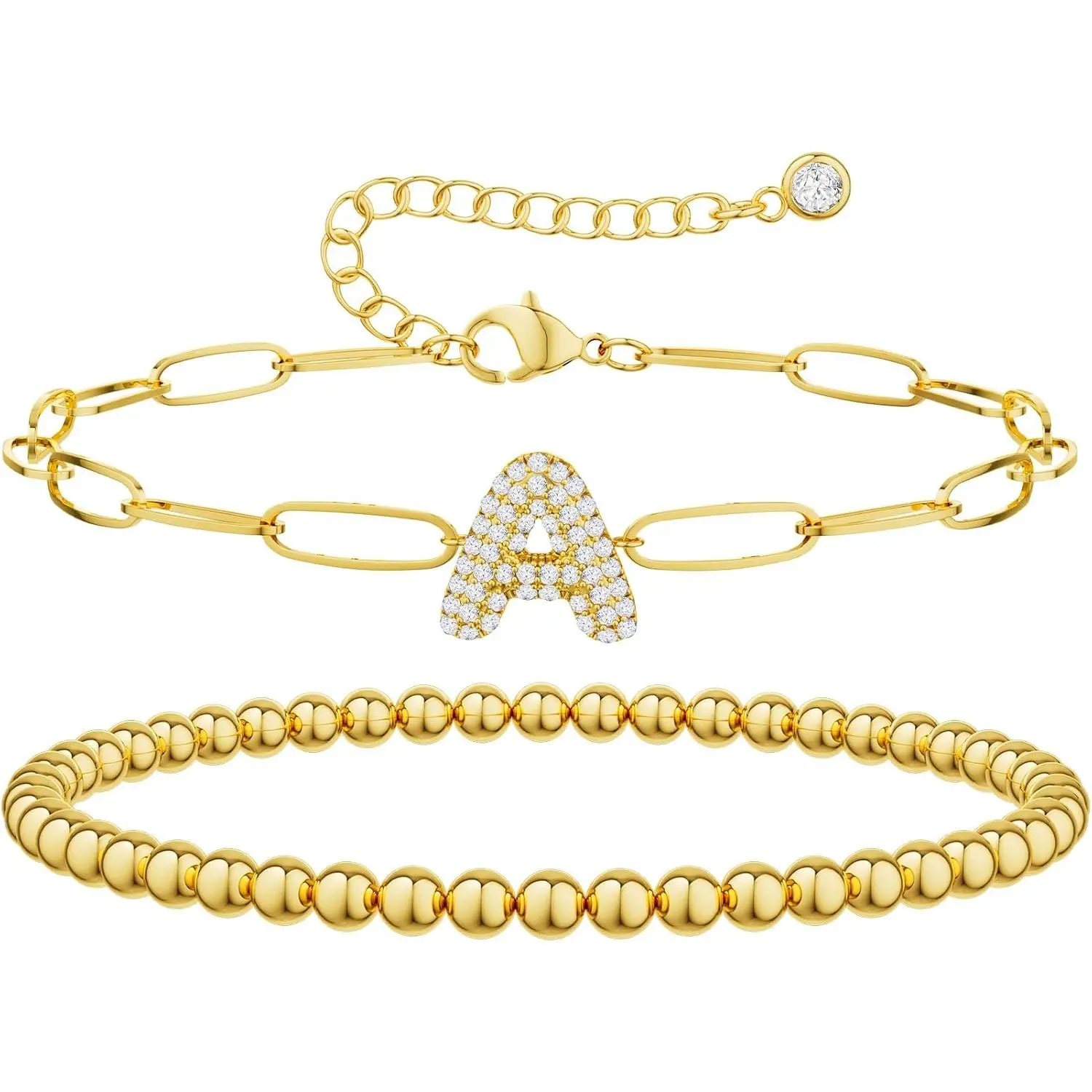 NECOCY Bubble Initial CZ Bracelets for Women, A-Z Beaded Bubble Letter Design, Adjustable Paperclip Chain Bangle Jewelry with Bracelet Extension, Trendy Modern Jewelry Look, Sweet Initial Gift Idea