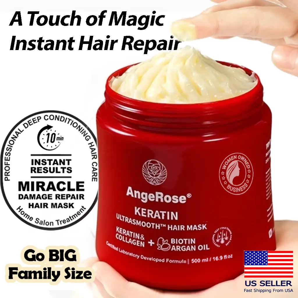 AngeRose Hair Care Set: Collagen & Keratin Hair Mask, Vitamin Hair Serum - Enriched with Argan and Jojoba Oils, Vitamins A, E, & B5, Featuring AngeRos
