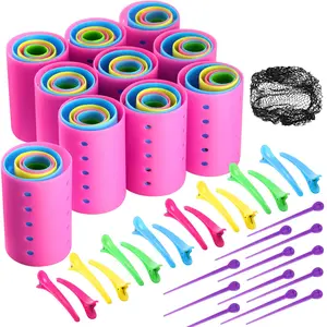 141 Pieces Hair Rollers Set with 60 Plastic Curlers in 6 Sizes Multicolor PP Material for Safe Hair Styling with Clips and Net