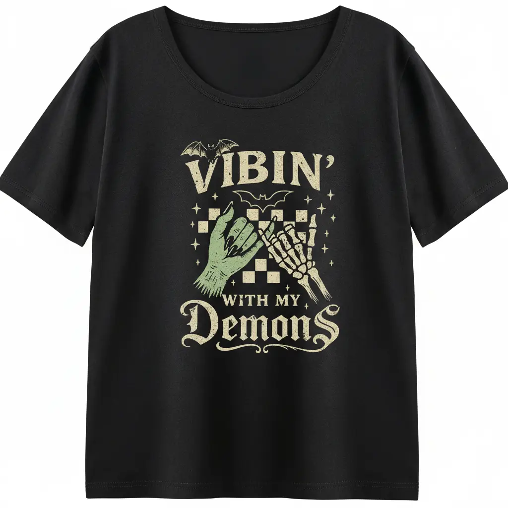 Women's Gothic T-Shirt, Vibin' With My Demons Skeleton Hand Graphic, Soft Fitted Cut Short Sleeve Dark Art Tee, T Shirts, Trendy T-Shirts
