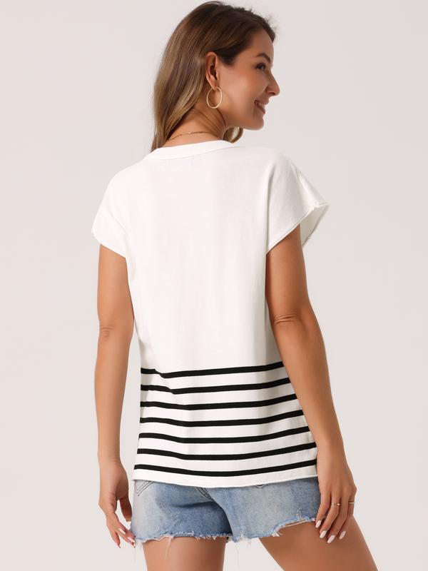INSPIRE CHIC Women's Sleeveless Round Neck Striped Sweater Vest Casual Cap Sleeve Ribbed Knit Pullover Top White