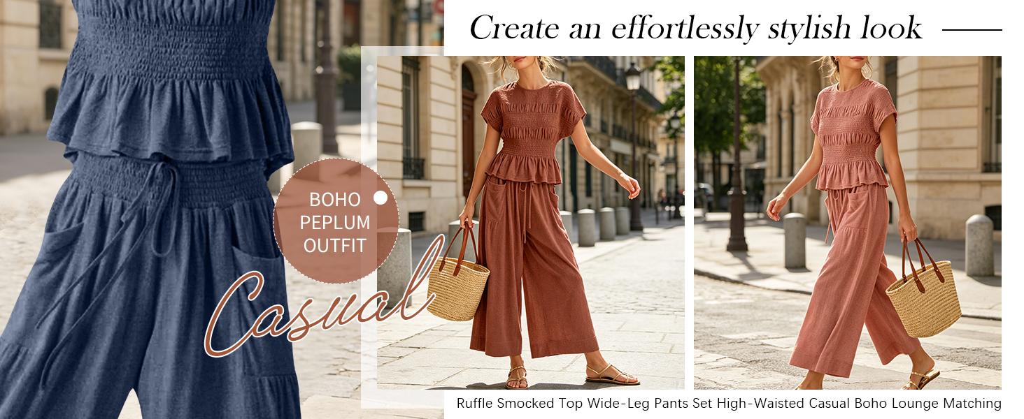 SCUSTY Women's 2-Piece Smocked Top and Wide-Leg Pants Set High-Waisted Lounge Outfit with Pockets Casual Boho Summervibes Matching Set Minimalist Basic Kleinblue Crewneck Clothes Suits Fitted Trouser SCUSTY Women's 2-Piece Smocked Top and Wide-Leg Pants Set High-Waisted Lounge Outfit with Pockets Casual Boho Summervibes Matching Set Minimalist Basic Kleinblue Crewneck Clothes Suits Fitted Trouser