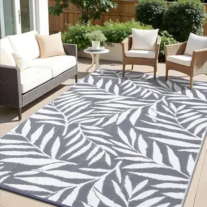 Outdoor Rug 6x9 ft, Reversible Outdoor Plastic Straw Rug with Leaf , RV Mat, Indoor Outdoor Carpet for Patio, Camping, Balcony, Deck, Backyard, Grey & White