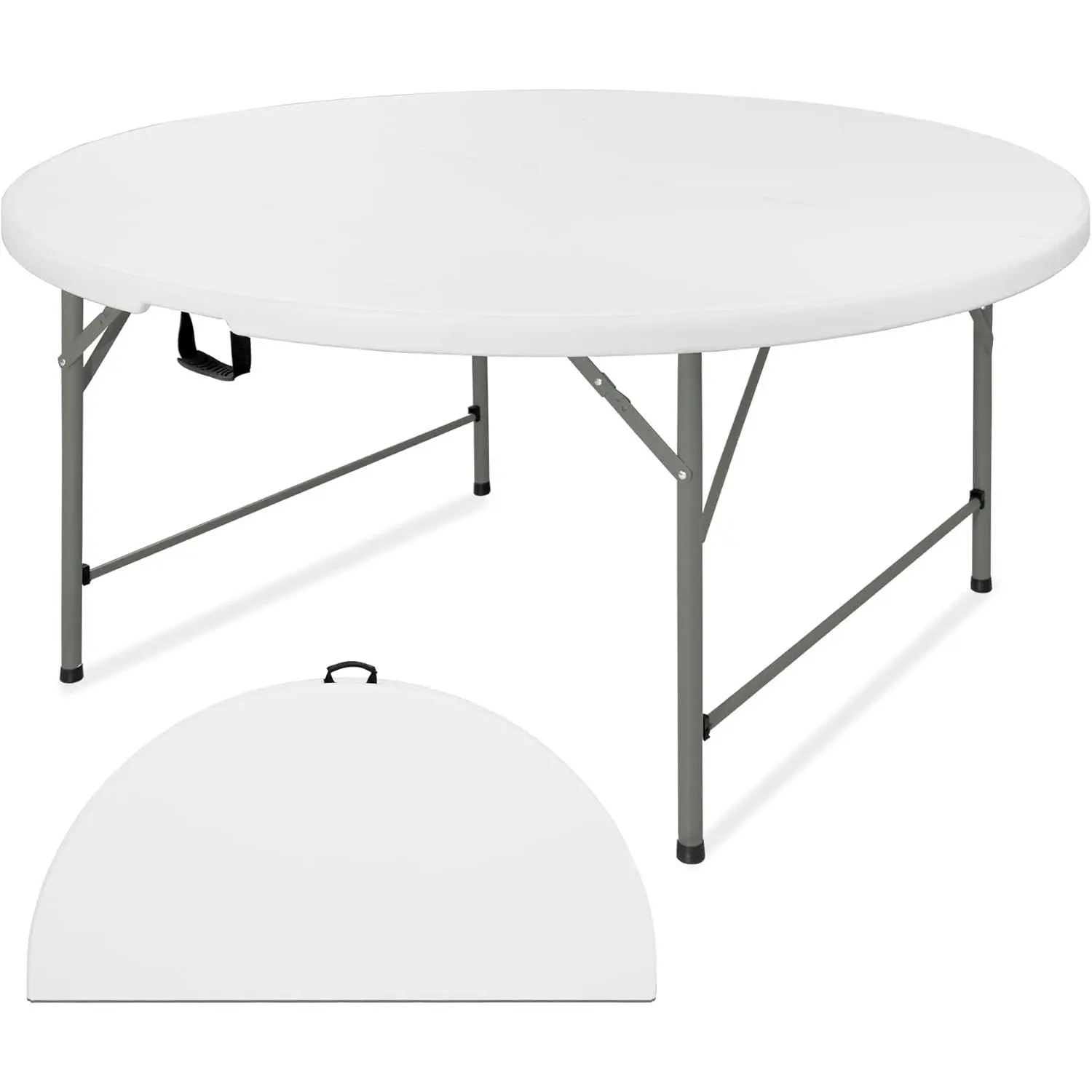 Round Shape Plastic Folding Picnic Table - 5ft(60in) Heavy-Duty Portable Table with Carry Handle, Steel Legs, White, 1 Pack - Suitable for Weddings, Parties - Indoor/Outdoor Use