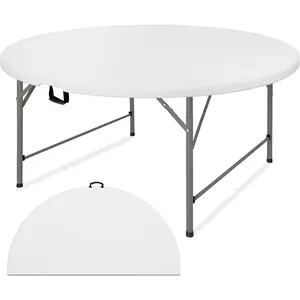 5 ft (60 in) round folding table, heavy-duty portable plastic commercial table with carrying handle and steel legs, suitable for parties, dining, weddings, events, and picnics; indoor/outdoor use; white; 1 pack
